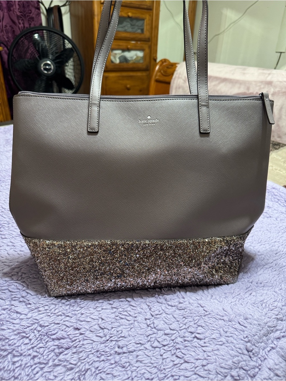 kate spade taupe leather tote with glitter base